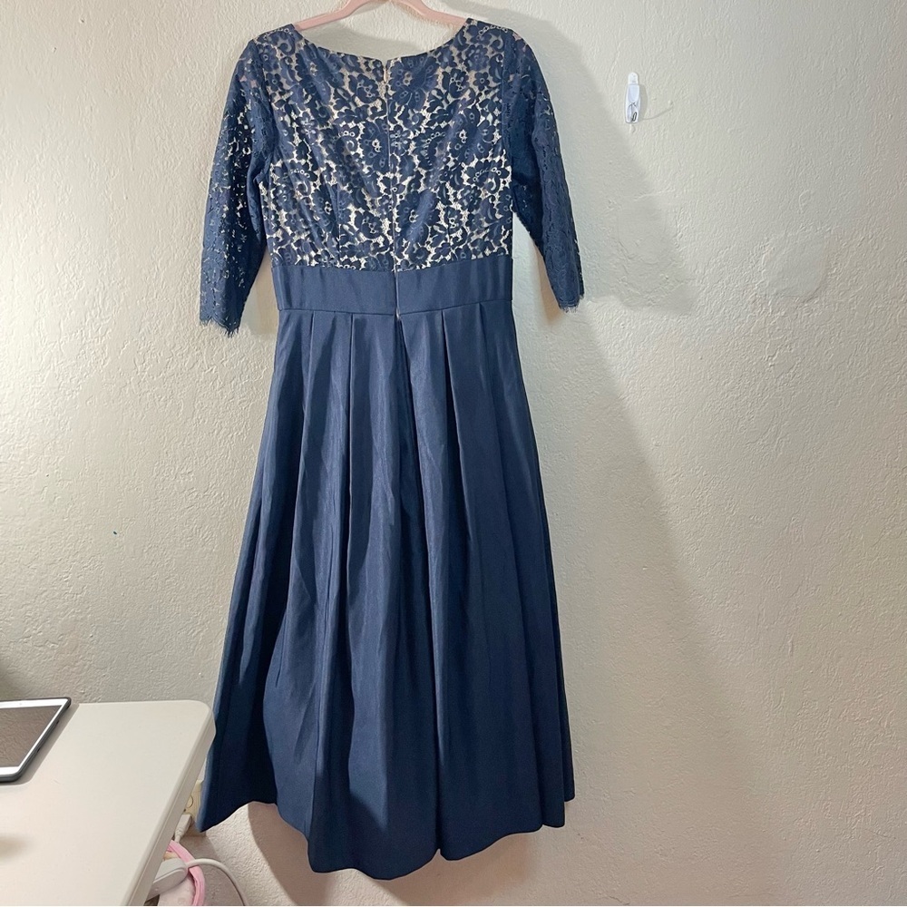 Eliza J Lace Faille Formal Empire Waist Gown Navy Blue Women Size 8 Wedding - Picture 4 of 14